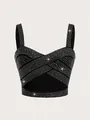 Elegant black bandage crop top featuring silver rhinestone embellishments for night out - XS / Tops / Black