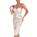 Elegant white strapless lace dress featuring 3D floral appliqués for evening parties - White