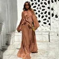 Elegant copper maxi dress with puff sleeves and pleated skirt for seaside vacation. - S / Top And Bottom / Coffee