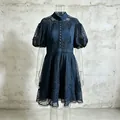 Elegant stand collar dress with intricate lace embroidery and puff sleeves details - S / Navy Blue