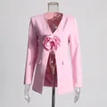 Elegant pink tailored blazer featuring a large 3D floral accent and elegant V-neckline - S / Tops / Pink