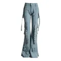 Front view of women's low waist cargo flare jeans with eyelet straps and pockets - S / Bottoms / Blue