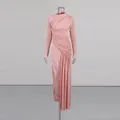 Detail view of pink long sleeve ruched maxi dress with asymmetrical hemline - S / Top And Bottom / Pink