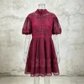 Full view of elegant burgundy lace dress featuring a mandarin collar and puff sleeves - S / Rose Red