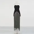 Detail view of French style beaded strapless top and sparkling sequin long skirt set - S / Top And Bottom / Black