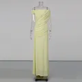 Detailed view of the elegant ruched off-the-shoulder long dress in pale yellow. - S / Dresses / Light Yellow