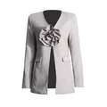 Detailed front view of a grey V-neck blazer featuring a large 3D fabric flower decoration - S / Tops / Gray