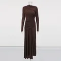 Detailed view of an elegant dark brown long-sleeved pleated maxi dress on mannequin. - S / Top And Bottom / Brown