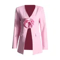 Close-up of elegant pink V-neck blazer featuring a large 3D fabric flower design - S / Tops / Pink