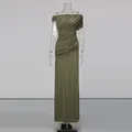Close-up detail of the olive green Vietnamese style ruched off-the-shoulder maxi dress - S / Dresses / Olive Green