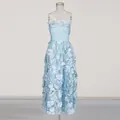 Elegant light blue strapless maxi dress featuring intricate 3D floral embroidery details - S / Tops / Blue