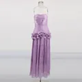 Elegant lavender strapless maxi dress featuring stylish waist ruffles and a classic pleated skirt - XL / Dresses / Purple