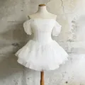 White off-shoulder puff sleeve corset tulle dress with fishbone waist-cinching detail - S / Tops / White
