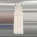 Elegant off-the-shoulder cream maxi dress with ruffled waist and pleated details. - S / Dresses / Apricot