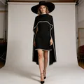 Elegant black sleeveless cape dress with sophisticated pearl beading for banquet wear - S / Top And Bottom / Black