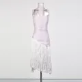 Elegant lavender pleated banquet dress with halter neck and long fringe detail - S / Tops / Purple