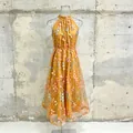 Vestido midi de verano sin mangas con cuello halter, bordados florales amarillos y perlas - M / Top Y Pantalón / Naranja