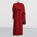 Elegant red long coat featuring a unique shawl-style overlay and sleek V-neckline - S / Tops / Red