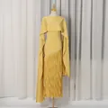 Elegant yellow maxi dress with unique cape overlay and long moving fringe tassels - S / Top And Bottom / Yellow