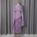 Detailed view of elegant purple slim-fit dress with shawl design and fringe - S / Top And Bottom / Purple
