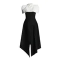 Elegant black and white asymmetrical contrast midi dress with pleated skirt detail - S / Dresses / Black and White