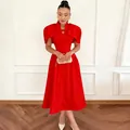 Elegant red vintage-style midi dress with stand-up collar and cape sleeve detail - S / Top And Bottom / Red