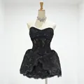 Elegant French style black lace embroidered strapless mini dress displayed on mannequin - S / Tops / Black