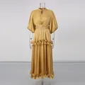 Elegant French style mustard yellow maxi dress with bubble sleeves and ruffled hem - S / Yellow