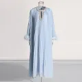 Elegant pleated sky blue maxi dress with rhinestone neckline and feather cuffs detail - S / Blue