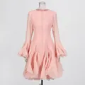 Elegant pink French style dress featuring a ruffled A-line hem and stylish flared sleeves - S / Top And Bottom / Pink