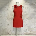 Elegant red sleeveless mini dress featuring fashionable 3D floral appliqués and round neck - S / Top And Bottom / Red