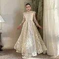 Elegant French lace gown with water-soluble floral embroidery and puff sleeves. - S / Top And Bottom / Off White
