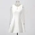Elegant white sleeveless A-line dress with a sparkling rhinestone collar and front cutout. - S / Tops / White