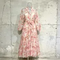 Detailed look at romantic floral pastoral maxi dress with lantern sleeves and lace-up waist - S / Top And Bottom / Pink