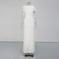 Elegant white sleeveless maxi dress featuring a ruched bodice and round neckline - S / White