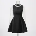 Detailed view of a black sleeveless dress featuring a luxurious rhinestone collar design. - S / Tops / Black