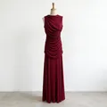 Elegant sleeveless ruched long dress in deep burgundy featuring French style design - S / Red