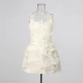 Detailed view of white lace mini dress featuring 3D butterfly floral embroidery appliques - S / Top And Bottom / Apricot