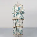 Robe longue fleurie vintage à col en V avec bordure en dentelle délicate et nœud à la taille - S / Bas / Bleu