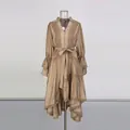 Detailed view of khaki French palace style embroidered dress with flared sleeves - S / Top And Bottom / Khaki