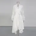 Close-up detail of white embroidered French palace style dress with elegant bell sleeves - S / Top And Bottom / White
