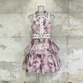 Vintage floral sleeveless dress featuring scalloped ric-rac trim and a matching waist belt - S / Top And Bottom / Purple