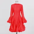 French style elegant red round neck slim dress with ruffles and bell sleeves - S / Top And Bottom / Red