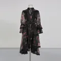 Detail of French palace style floral embroidered dress with bell sleeves and lace trim - S / Top And Bottom / Black