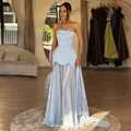 Detail view of elegant light blue strapless dress with pearl beads and mesh layers. - S / Top And Bottom / Blue