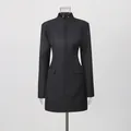 Front view of a slim-fit black blazer dress with stand collar and button-down detail - S / Black