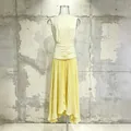 French style elegant pale yellow sleeveless pleated dress with ruched waist detail - S / Tops / Yellow