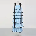 Elegant blue tiered ruffle maxi dress with black wide straps and pleated fabric texture - S / Tiered Style / Blue