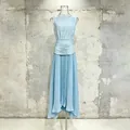 Elegant light blue sleeveless pleated maxi dress featuring sophisticated waist ruching - S / Tops / Blue