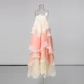 Front view of a romantic layered lace camisole maxi dress with peach gradient tiers. - S / Bottoms / Purple